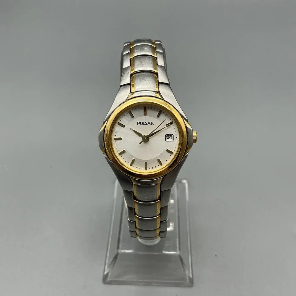 Pulsar V75-X245 Women Watch 24mm White Dial Two Tone Stainless New Battery 6.75